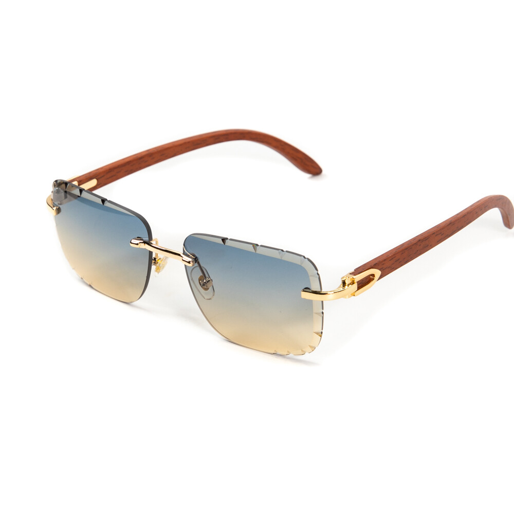 Men&#39;s Rimless Gold Frame Grey &amp; Tan Gradient Tint Gem Cut Woodgrain Sunglasses