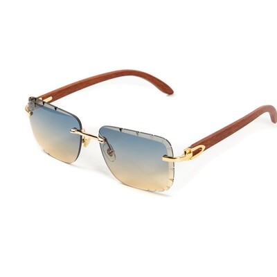 Men's Rimless Gold Frame Grey & Tan Gradient Tint Gem Cut Woodgrain Sunglasses