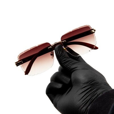 Men's Rimless Gold Frame Burgundy Gradient Tint Gem Cut Woodgrain Sunglasses