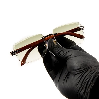Men&#39;s Rimless Silver Frame Mint Green Gradient Tint Gem Cut Woodgrain Sunglasses
