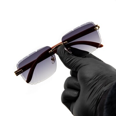 Gold Frame Rimless Purple Gradient Tint Diamond Cut Woodgrain Sunglasses