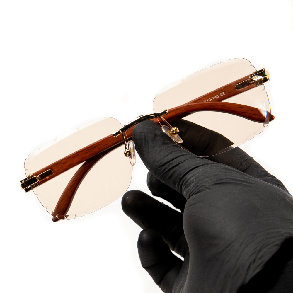 Men&#39;s Rimless Gold Frame Tan Tint Gem Cut Woodgrain Sunglasses