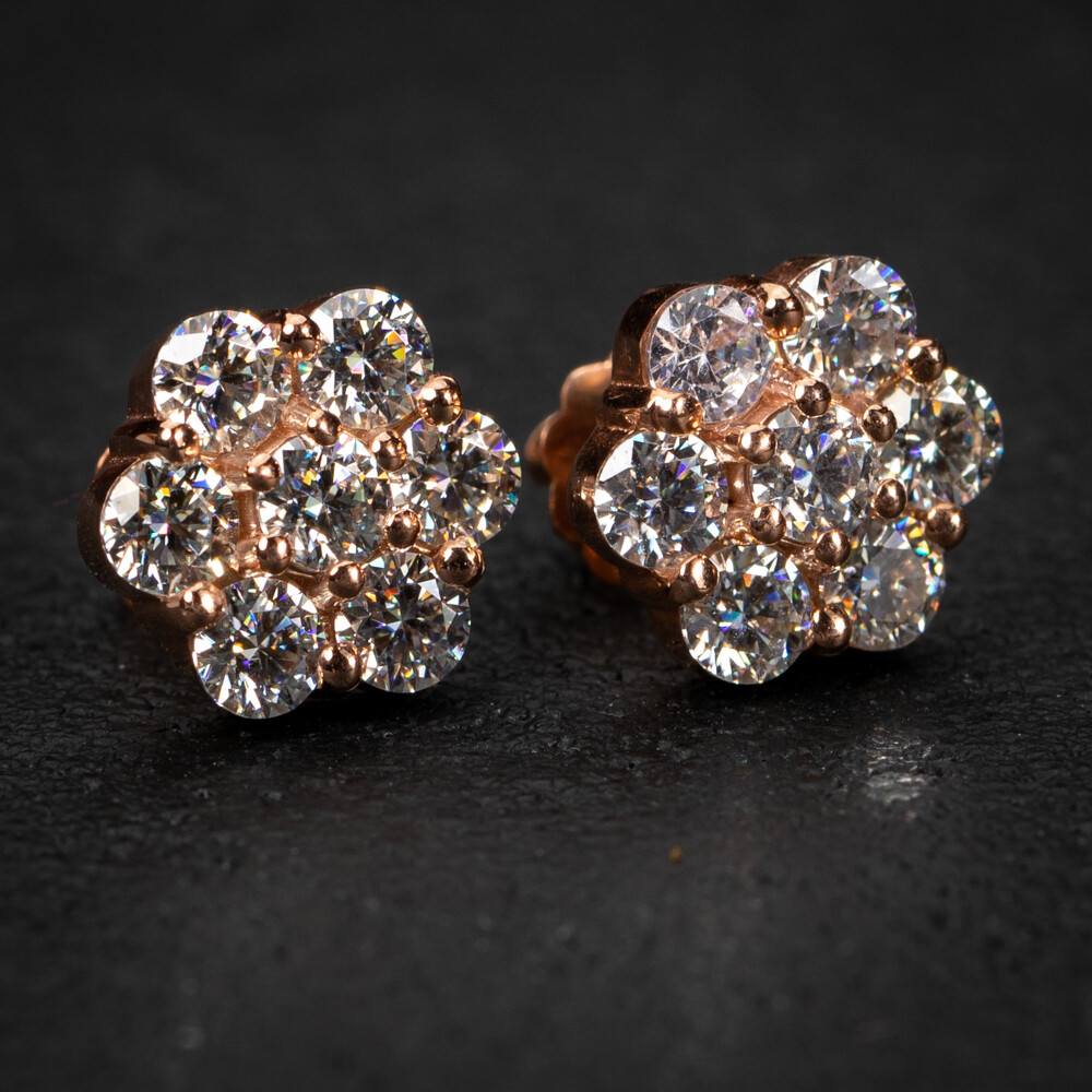 VVS 2.8Ct Large Moissanite 14K Rose Gold Plated Large Flower Cluster 925 Sterling Silver Screw Back Hip Hop Stud Earrings
