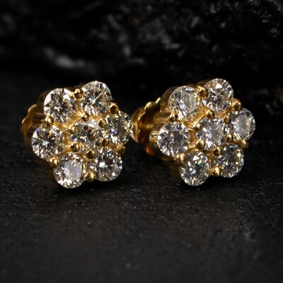 Moissanite Yellow Gold Plated Large Flower Cluster 925 Sterling Silver Stud Earrings