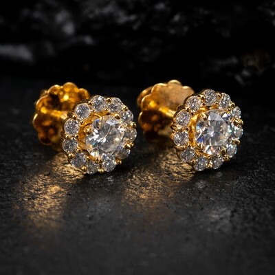 Moissanite Halo Cluster​ Yellow Gold Plated Flower Cluster 925 Sterling Silver Stud Earrings