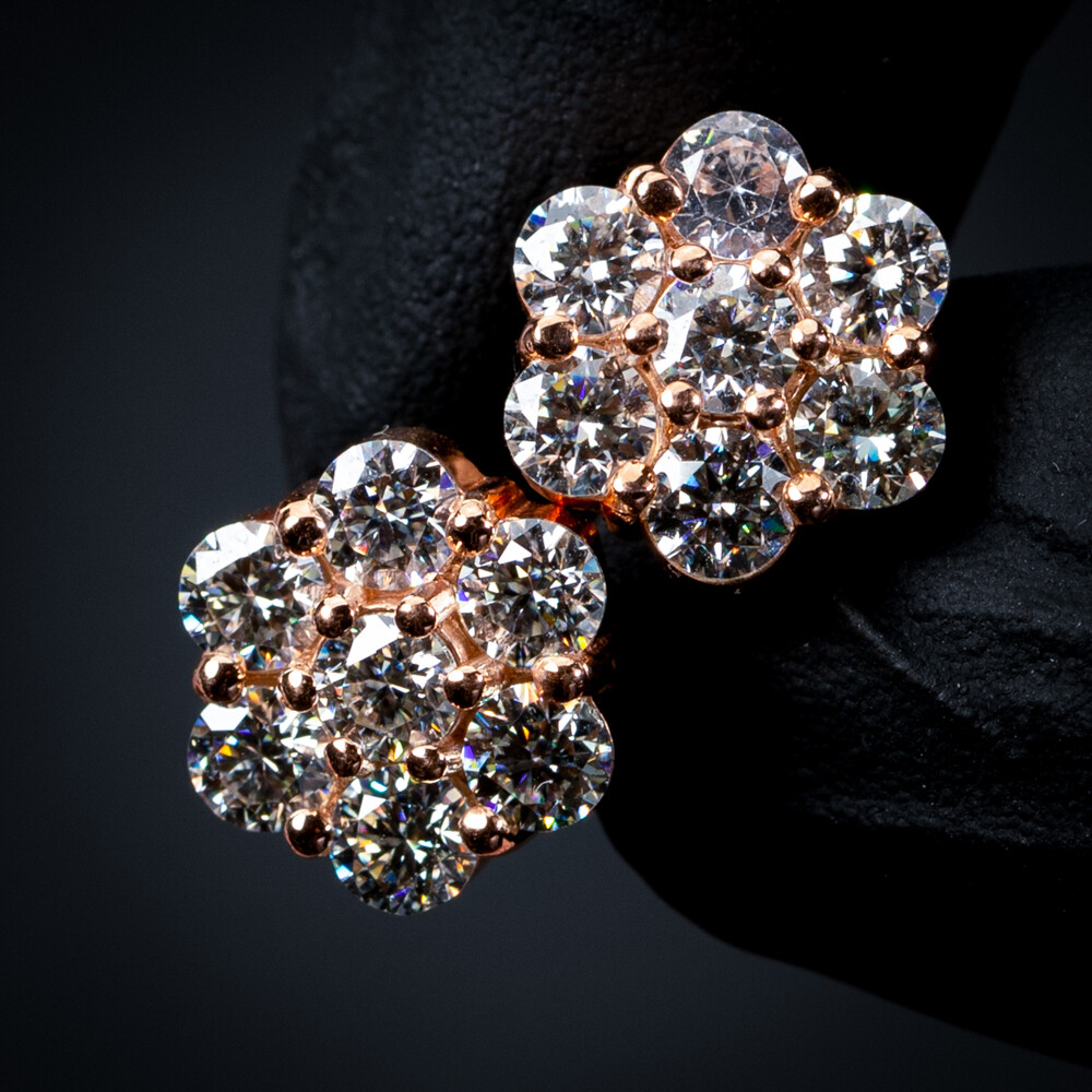 Rose Gold Plated 925 Sterling Silver Large Flower Cluster Cz Stud Screw Back Earrings