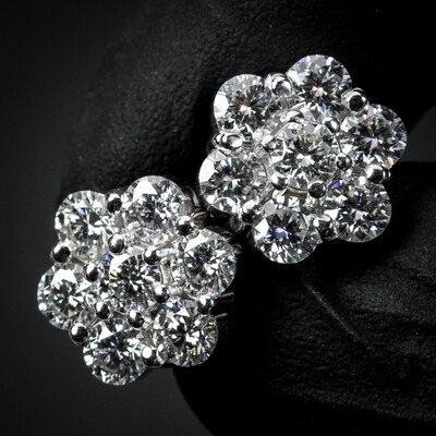 White Gold Plated 925 Sterling Silver Large Flower Cluster Cz Stud Screw Back Earrings