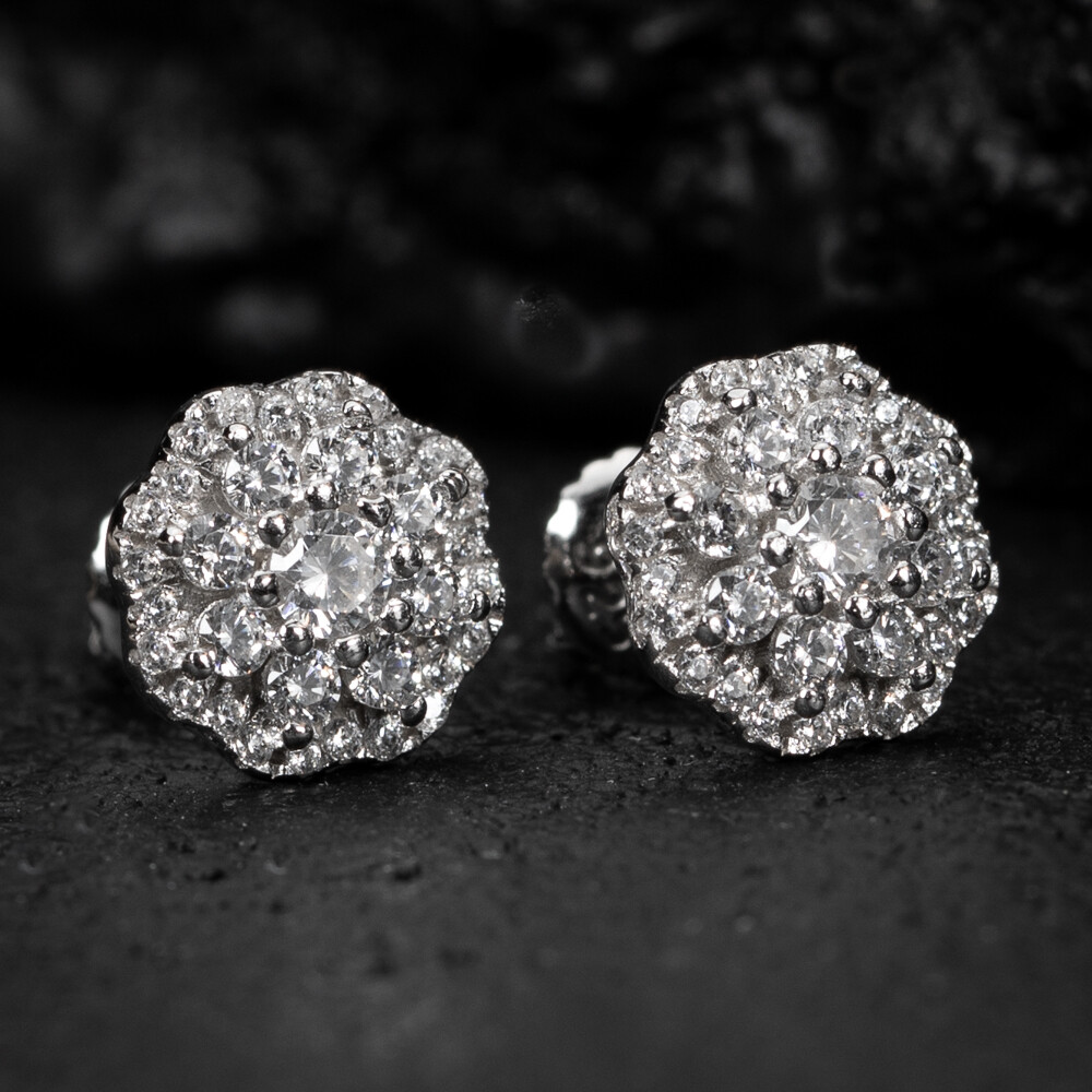 White Gold Plated Sterling Silver Iced Cz Flower Cluster Stud Screw Back Earrings