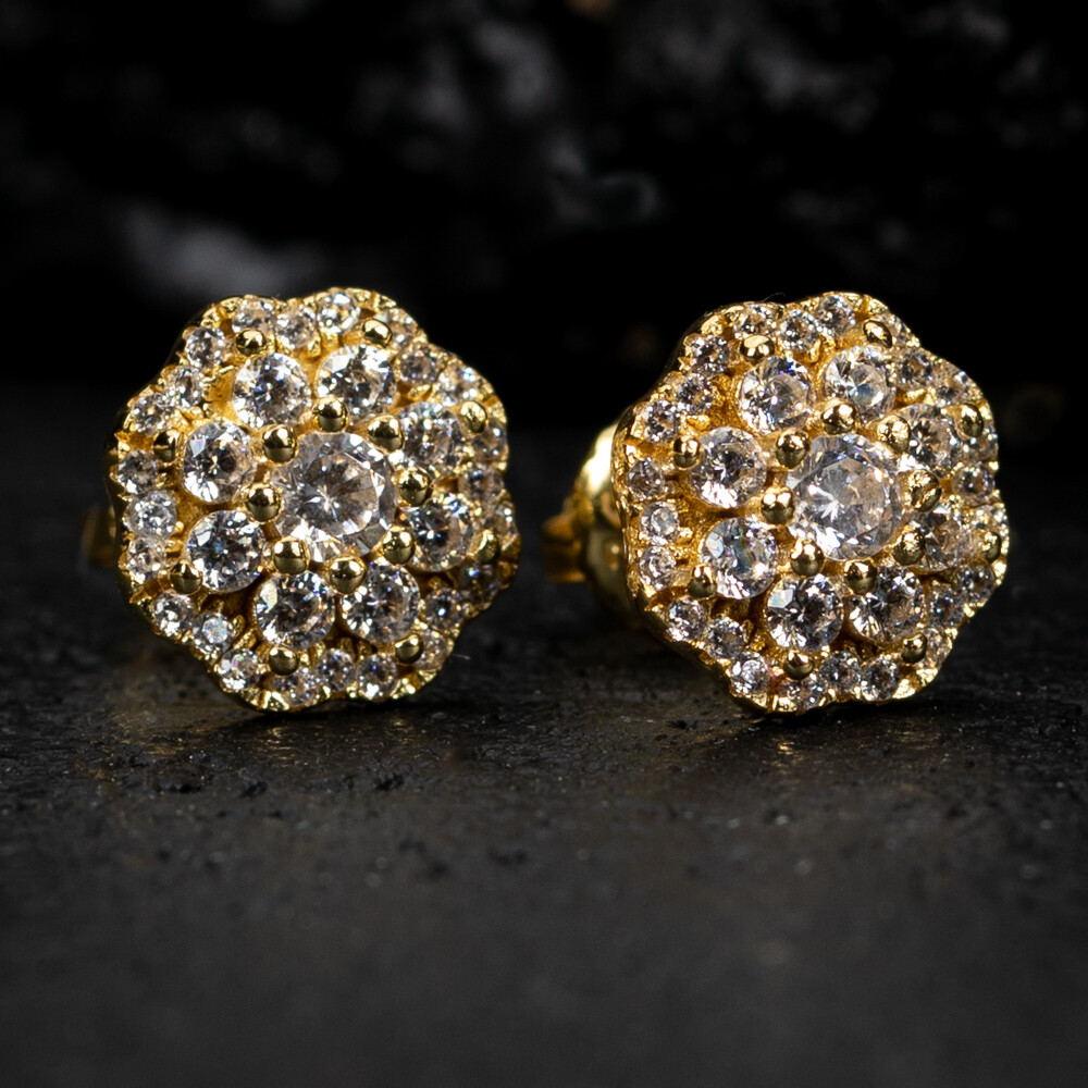 Yellow Gold Plated Sterling Silver Iced Cz Flower Cluster Stud Screw Back Earrings