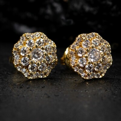 Yellow Gold Plated Sterling Silver Iced Cz Flower Cluster Stud Screw Back Earrings