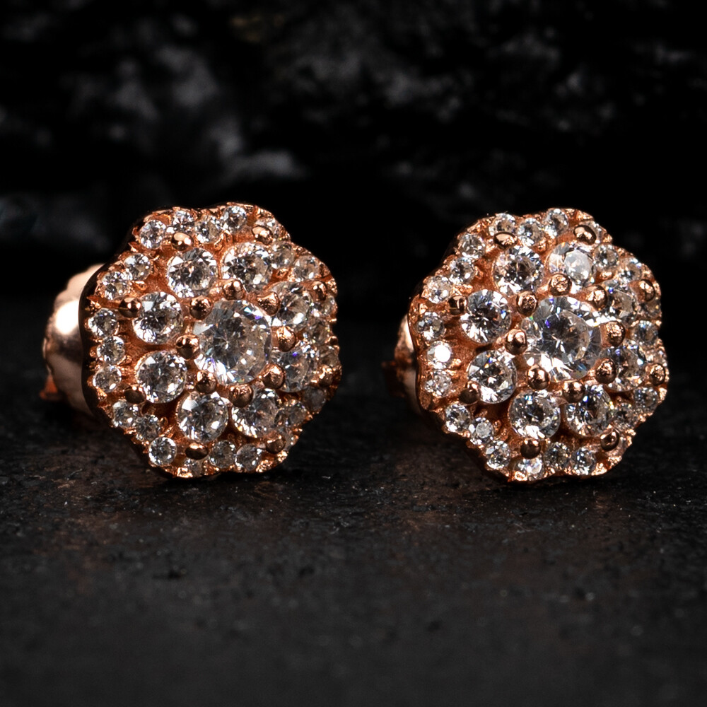 Rose Gold Plated Sterling Silver Iced Cz Flower Cluster Stud Screw Back Earrings