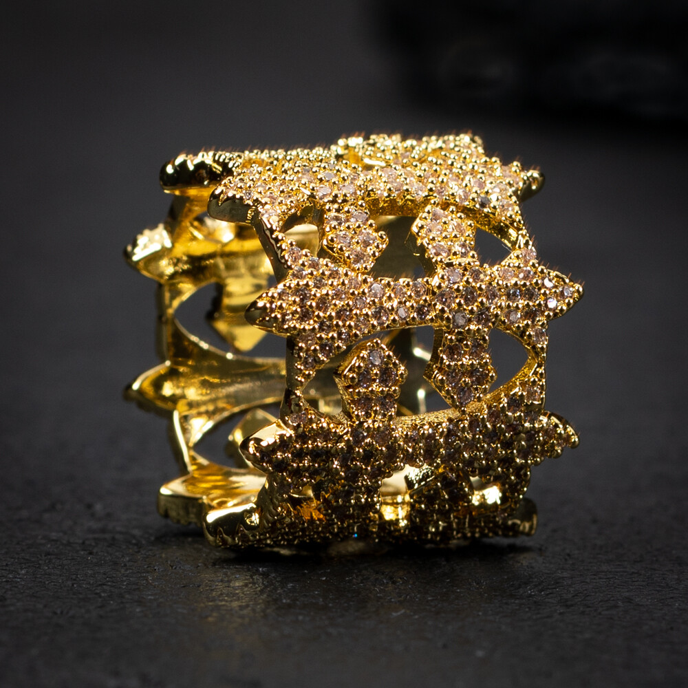 Yellow Gold Plated Iced Cz Men&#39;s Cross Pinky Statement Ring