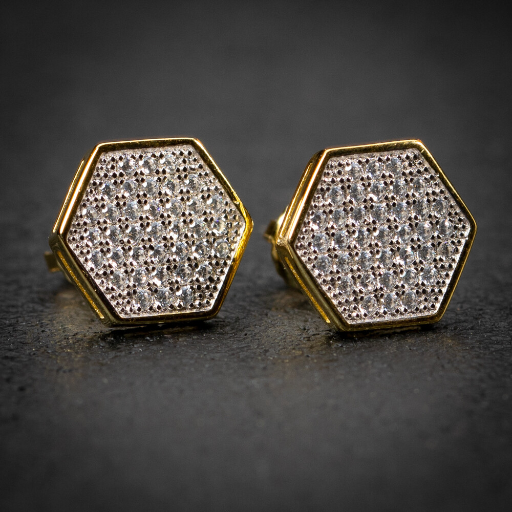 Two Tone Yellow Gold Sterling Silver Hexagon Shaped Iced Cz Stud Earrings
