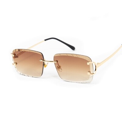 Brown Tint Gold Frame Hip Hop Gem Cut Rimless Sunglasses