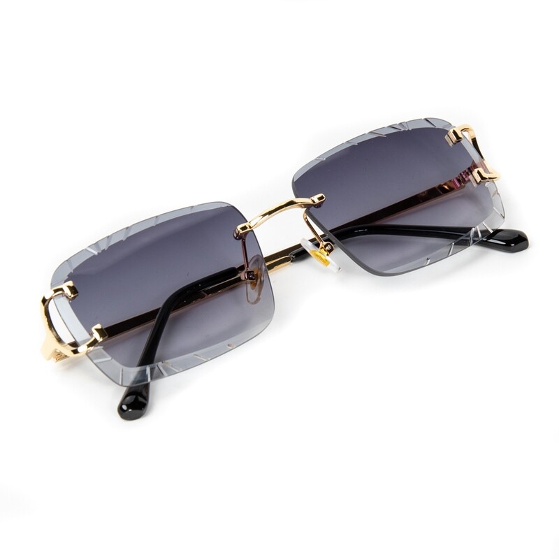 Luxury Hip Hop Purple Tint Gem Cut Rimless Gold Frame Sunglasses