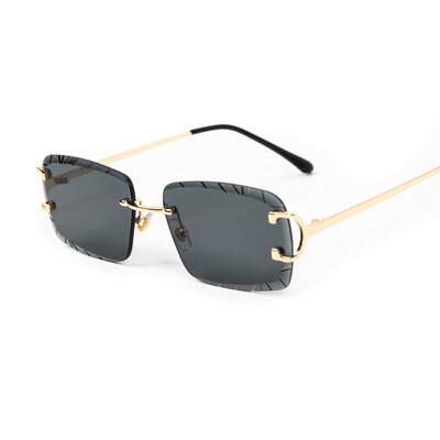 Luxury Black Tint Gold Frame Gem Cut Rimless Sunglasses