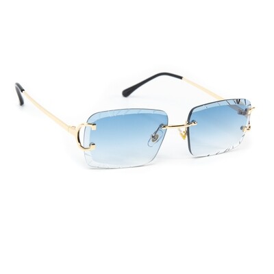 Blue Tint Gold Frame Hip Hop Gem Cut Rimless Sunglasses