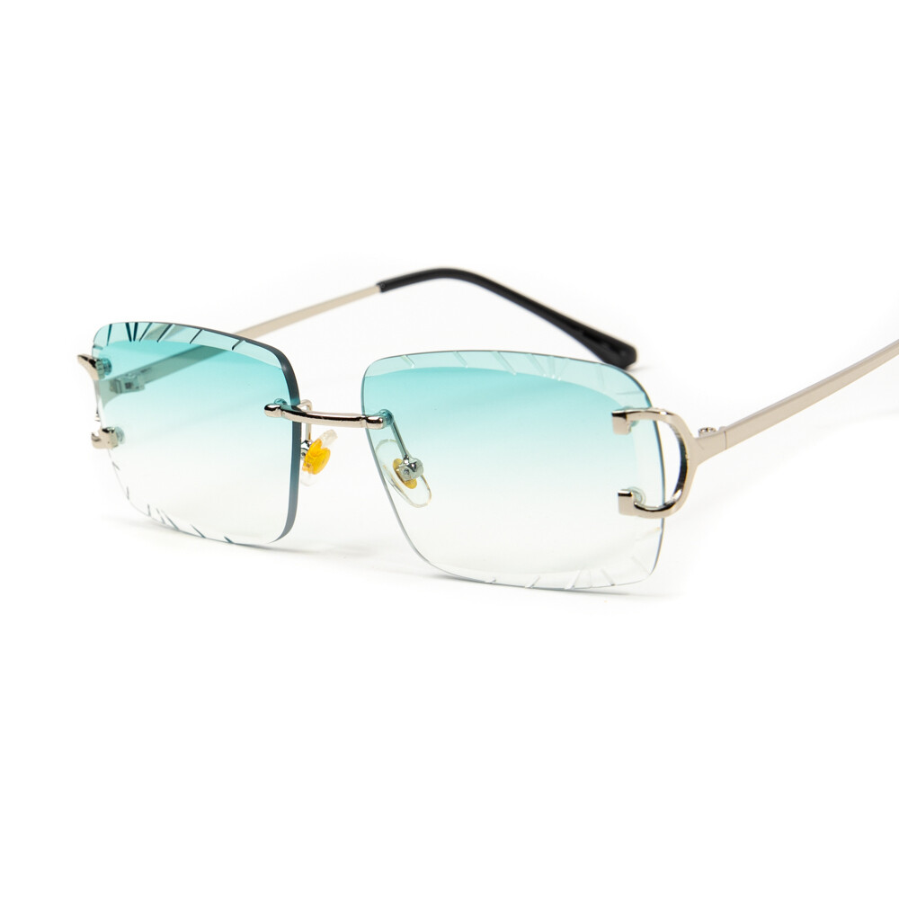 Gem Cut Turquoise Tint Gold Frame Hip Hop Rimless Sunglasses