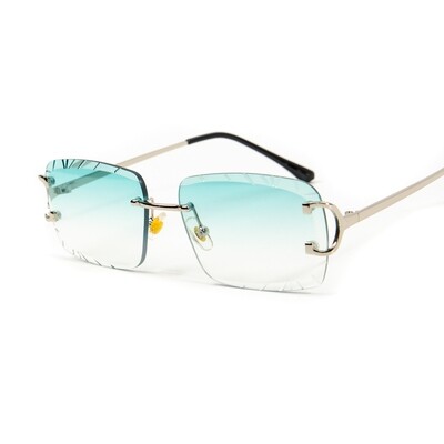 Gem Cut Turquoise Tint Gold Frame Hip Hop Rimless Sunglasses