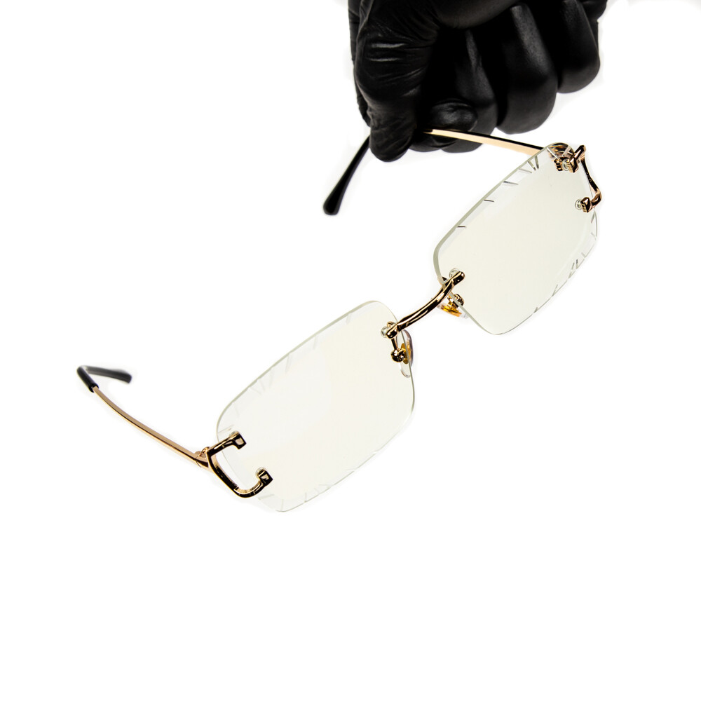 Men's Gold Frame Rimless Elegant Gem Cut Clear Lens Glasses
