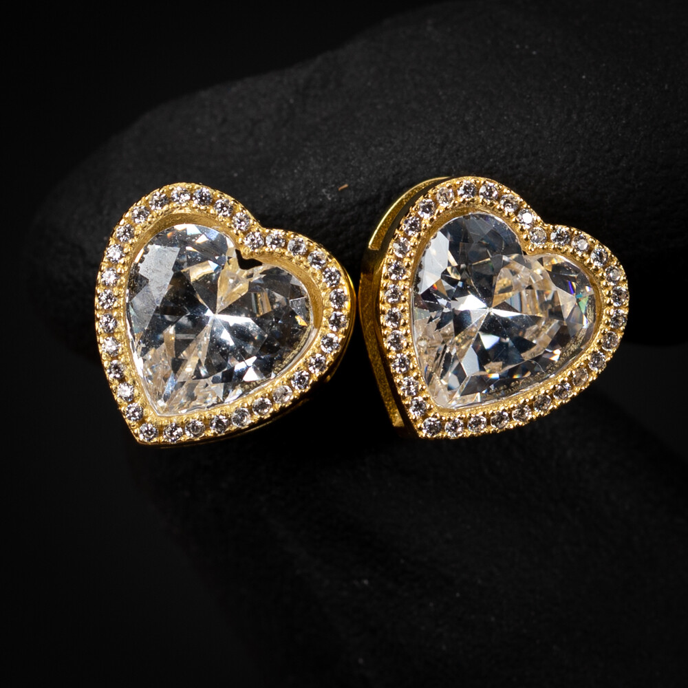 Yellow Gold Plated 925 Sterling Silver Heart Cz Shaped Women&#39;s Stud Screw Back Earrings