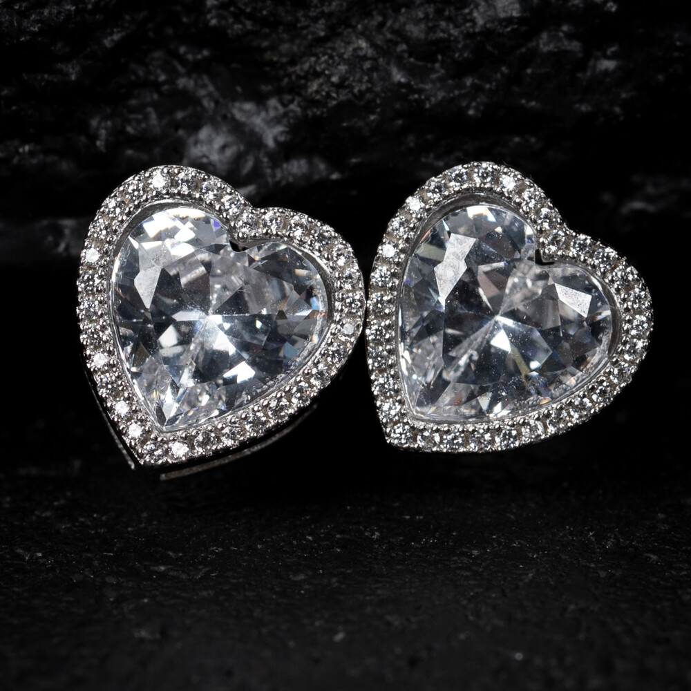 White Gold Plated 925 Sterling Silver Heart Cz Shaped Women&#39;s Stud Screw Back Earrings