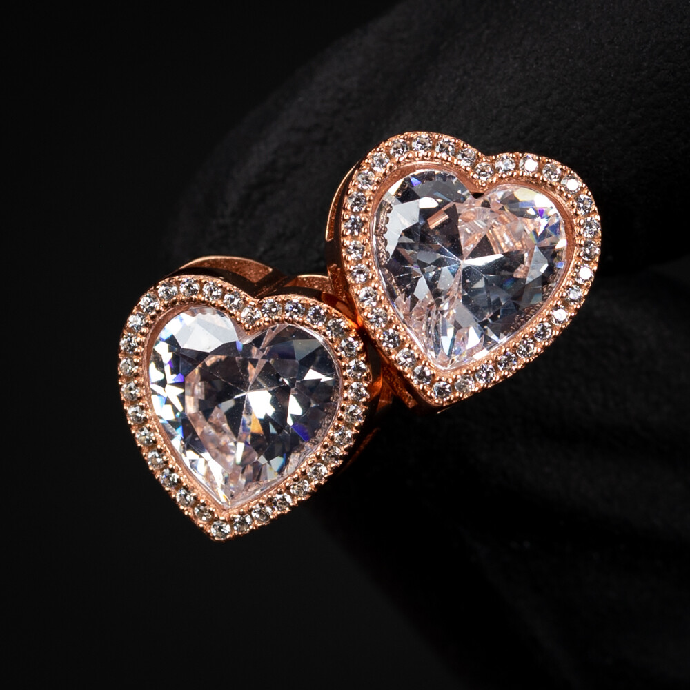 Rose Gold Plated 925 Sterling Silver Heart Cz Shaped Women&#39;s Stud Screw Back Earrings