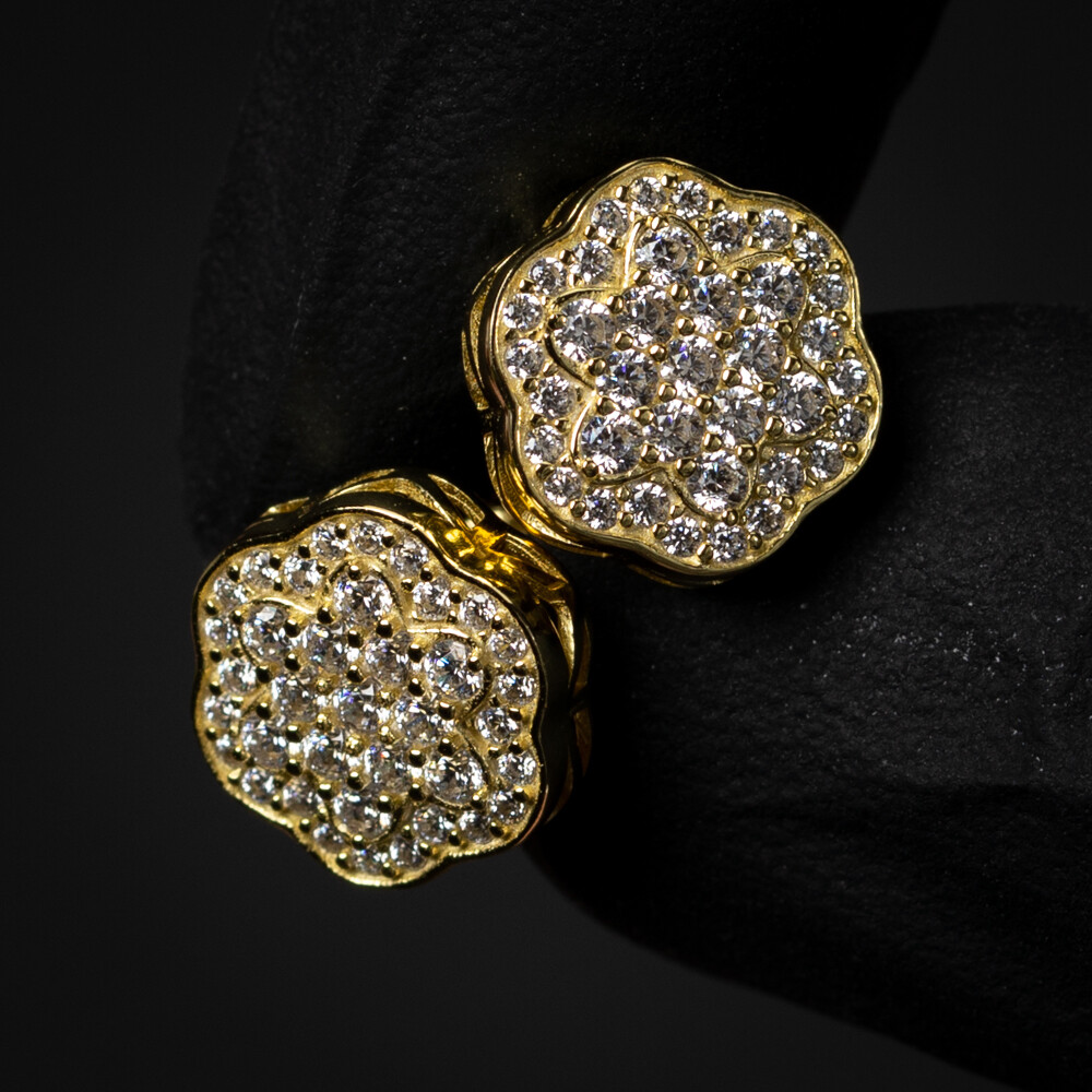 Hip Hop Yellow Gold 925 Sterling Silver Flower Set Cluster Stud Earrings