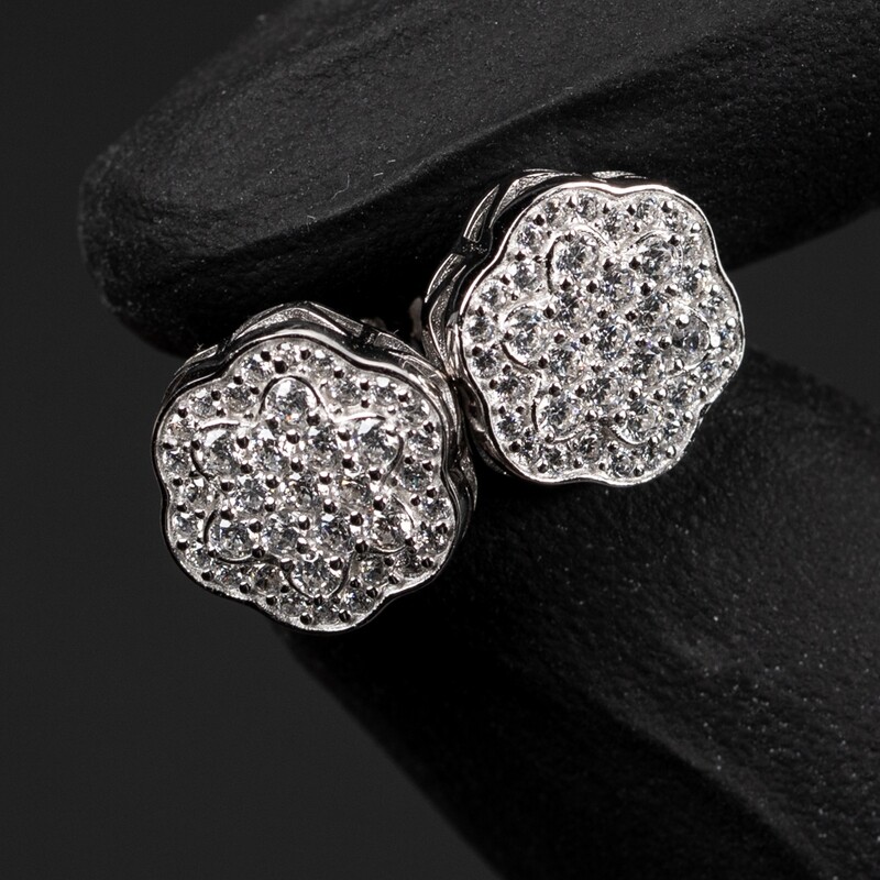 Iced Flower Cluster White Gold 925 Sterling Silver Stud Earrings