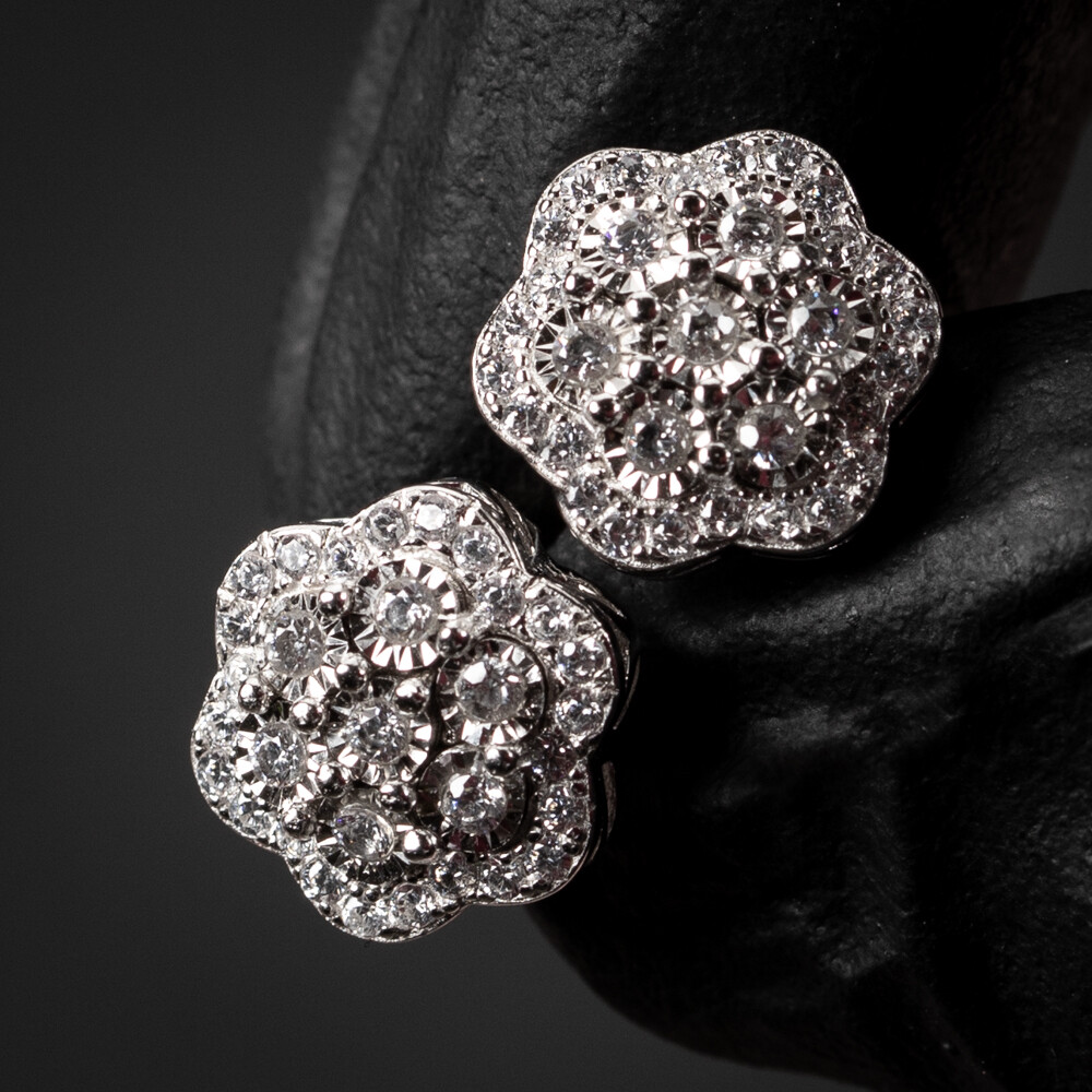 Men's Large White Gold 925 Sterling Silver Flower Cluster Stud Earrings
