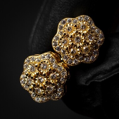 Men's Large Yellow Gold 925 Sterling Silver Flower Cluster Stud Earrings