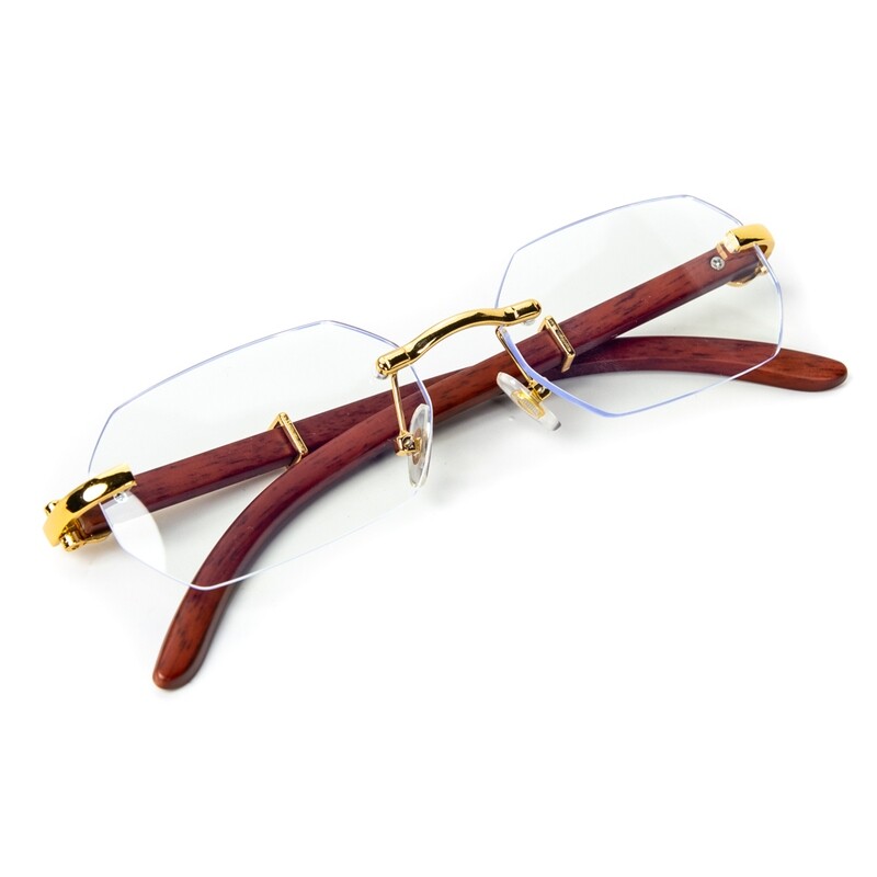 Men&#39;s Gold Frame Rimless Geometric Clear Lens Hip Hop Woodgrain Glasses