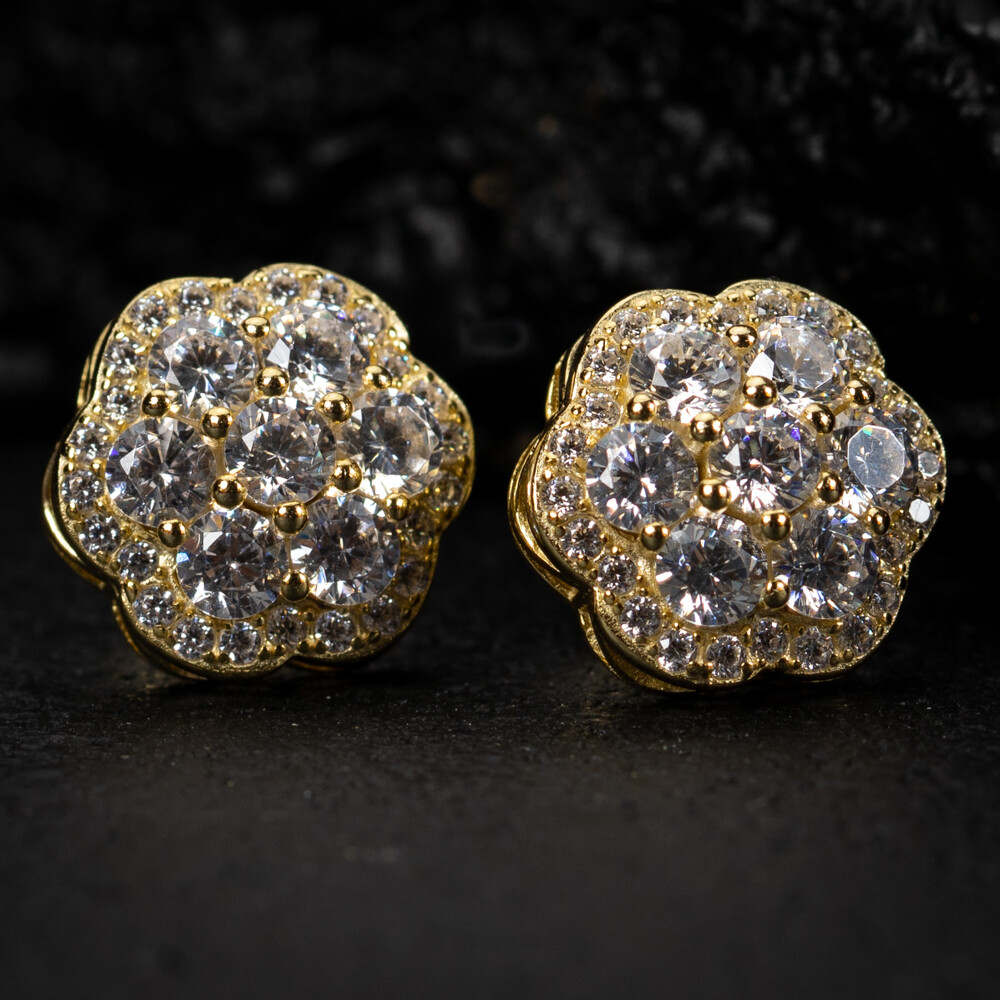 Large Yellow Gold 925 Sterling Silver Flower Cluster Men's Stud Earrings