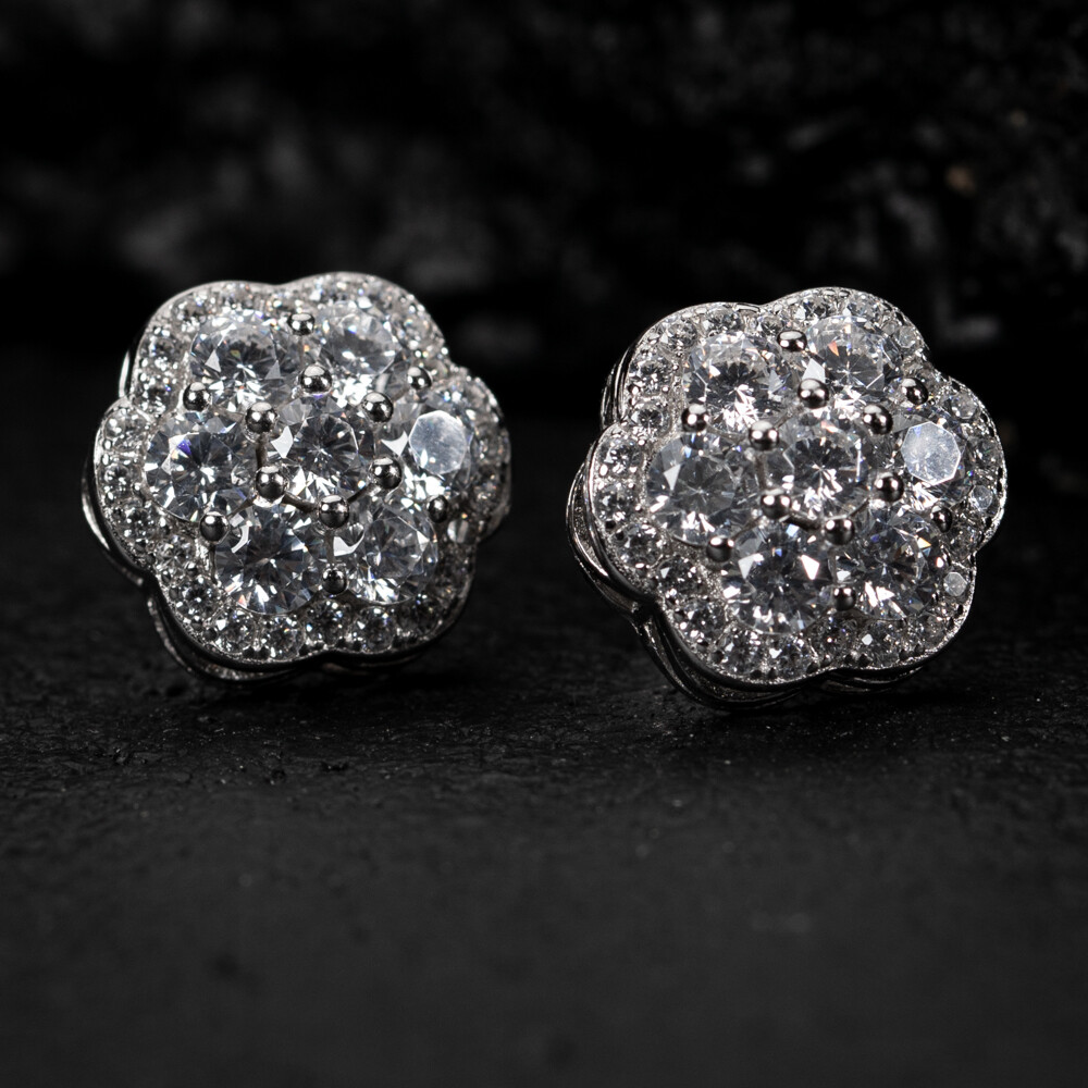 Men&#39;s Large 925 Sterling Silver Pointer Flower Cluster Hip Hop Screw Back Stud Earrings​