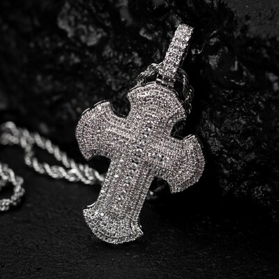 Mens Iced Cz White Gold Hip Hop Cross Pendant Chain Necklace