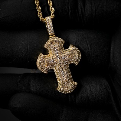 Mens Iced Cz Gold Hip Hop Cross Pendant Chain Necklace