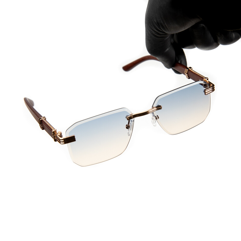 Men's Rimless Gold Frame Grey &amp; Tan Gradient Tint Woodgrain Sunglasses