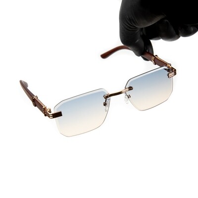 Men's Rimless Gold Frame Grey & Tan Gradient Tint Woodgrain Sunglasses Men's Rimless Gold Frame Grey & Tan Gradient Tint Woodgrain Sunglasses