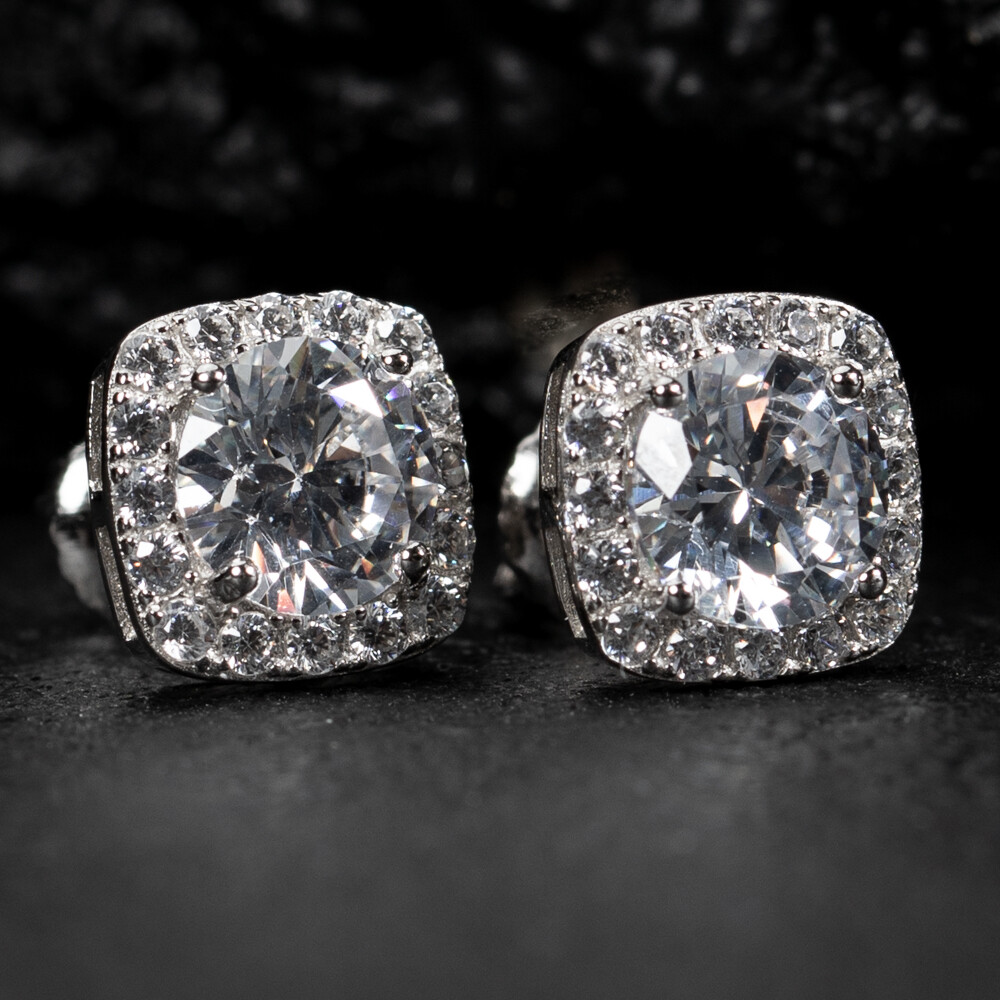 Men&#39;s Cushion Cut Sterling Silver Square Stud Earrings