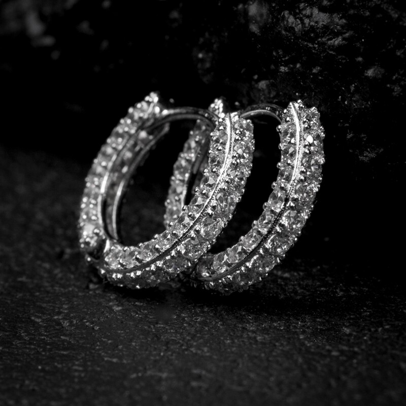 Iced Mens Fully Iced 3D Sterling Silver Hoop Earrings