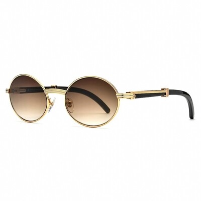 ​Men&#39;s Round Gold Frame Brown Tint Wood Sunglasses