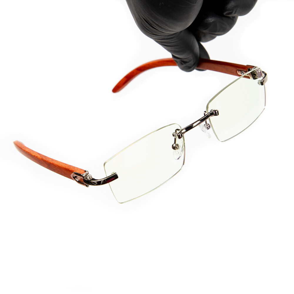 Silver Frame Rimless Hip Hop Woodgrain Men&#39;s Clear Lens Glasses