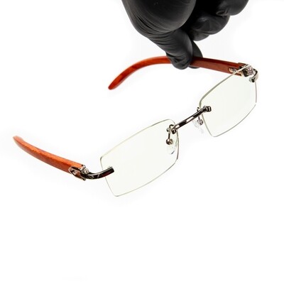 Silver Frame Rimless Hip Hop Woodgrain Men's Clear Lens Glasses