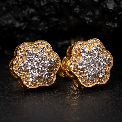 Two Tone 14K Yellow Gold Men's Flower Cluster 0.86 Ct Diamond Stud Earrings
