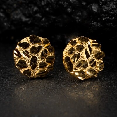 Large Round 10K Solid Gold Diamond Cut Men's Nugget Stud Earrings