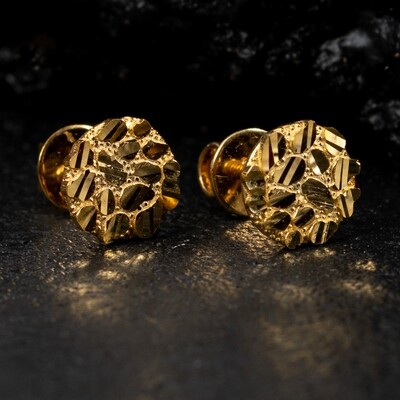 Men's Solid 10K Yellow Gold Round Diamond Cut Nugget Stud Earrings