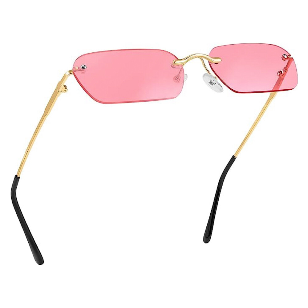 Women&#39;s Pink Tint Rimless Gold Frame Rectangle Sunglasses