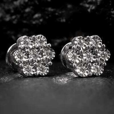 Miracle Set 10K White Gold 0.14 Ct Natural Diamond Flower Cluster ​Stud Earrings