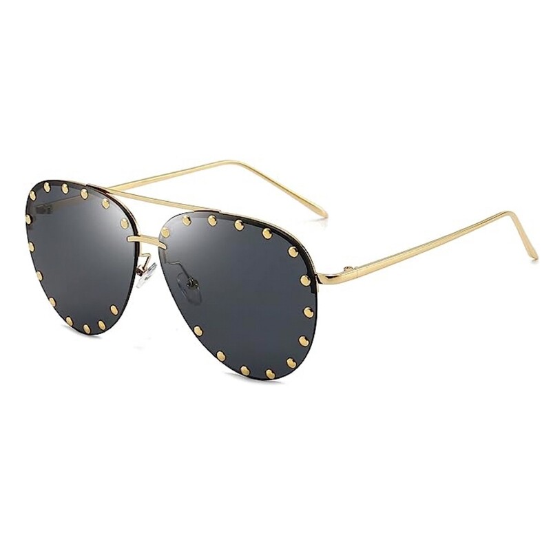 Gold Frame Studded Aviator Women Trendy Fashion Sunglasses