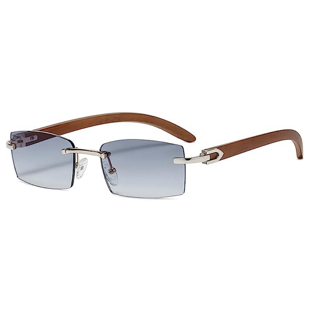 Rimless Silver Frame Woodgrain Women's Mens Rectangle Blue Gray Tinted Sunglasses